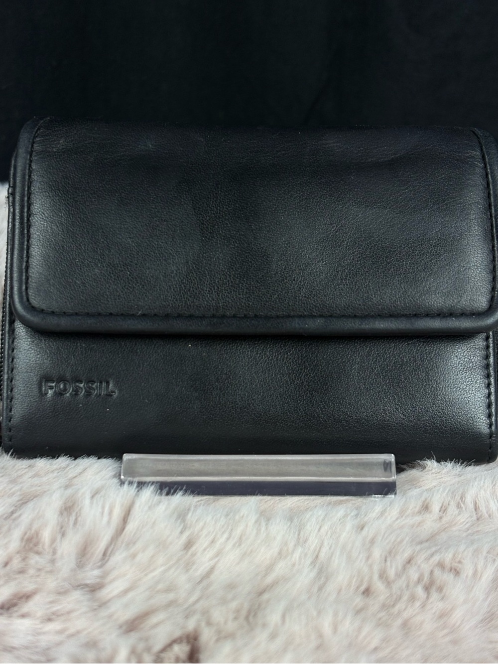 Fossil Black Genuine Leather Small Trifold Compact Wallet Zip Coin Pocket